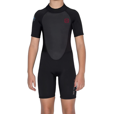 A person wearing Level Six Youth Shorty Neoprene Wetsuit - Black